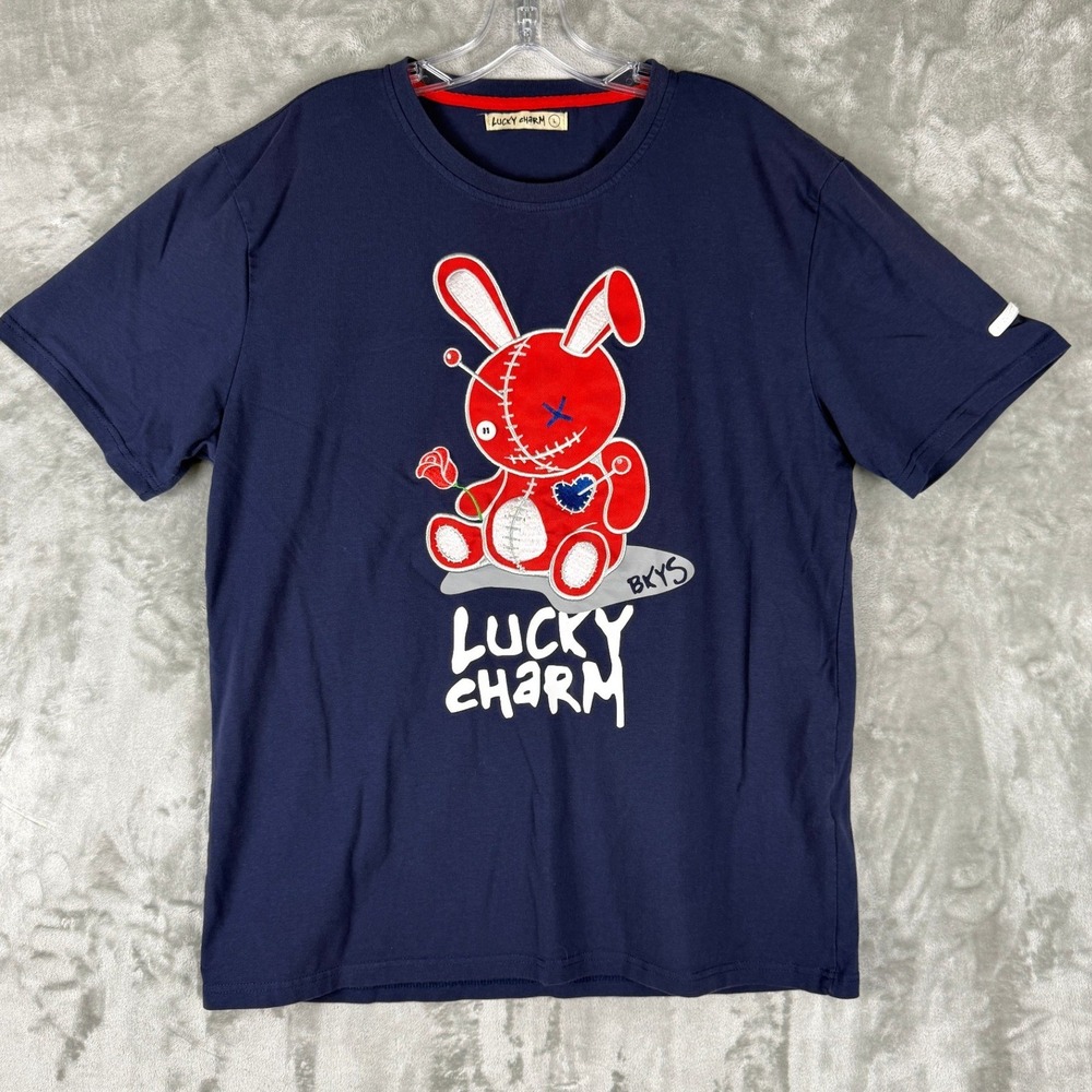 Lucky Charm Navy Blue Graphic Bunny T Shirt Mens Size Large Cotton Blend‎
